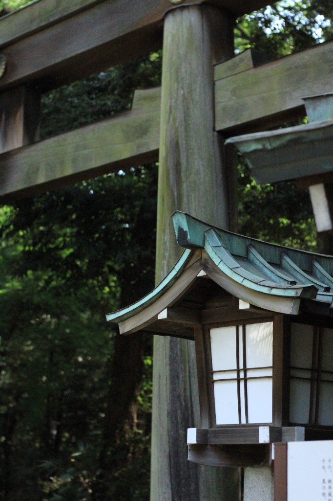 Travel — stone lantern and wooden torii in forest