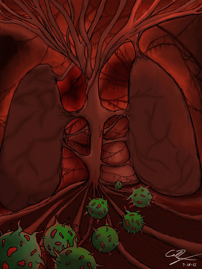 Illustration — lungs as tree with virus forms