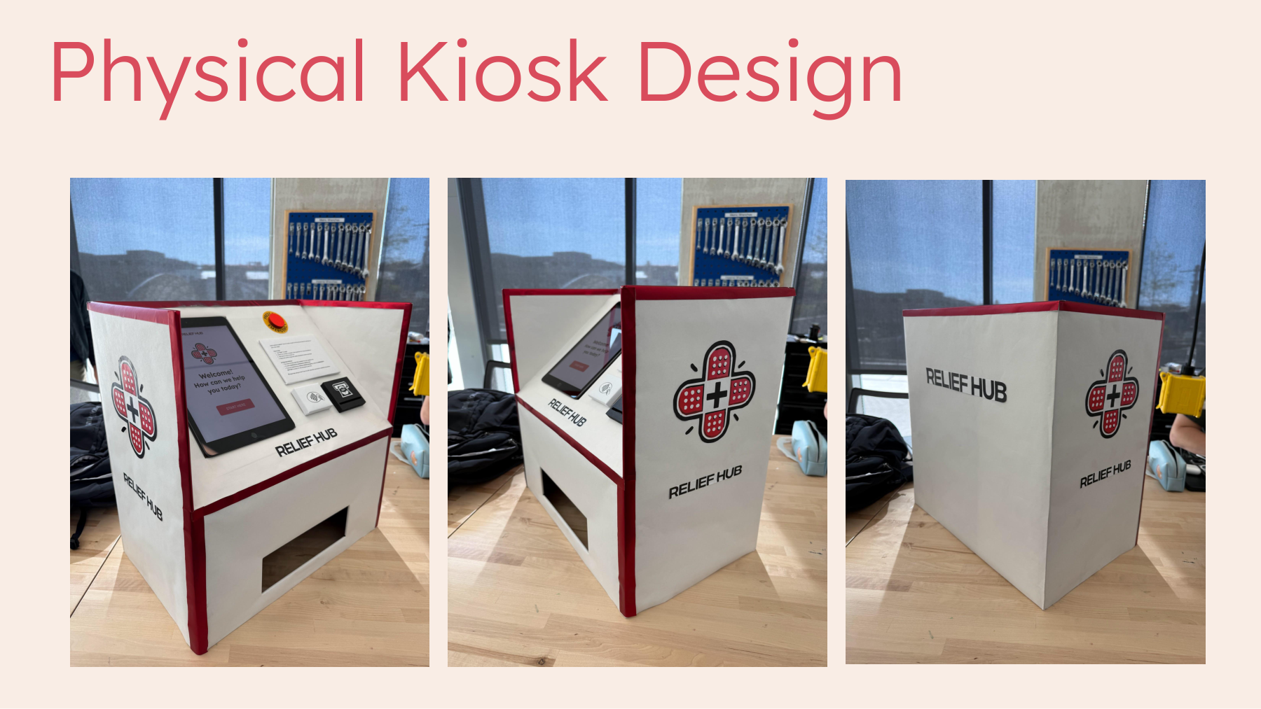 Deck slide — physical kiosk design (export from ReliefHub overview PDF)
