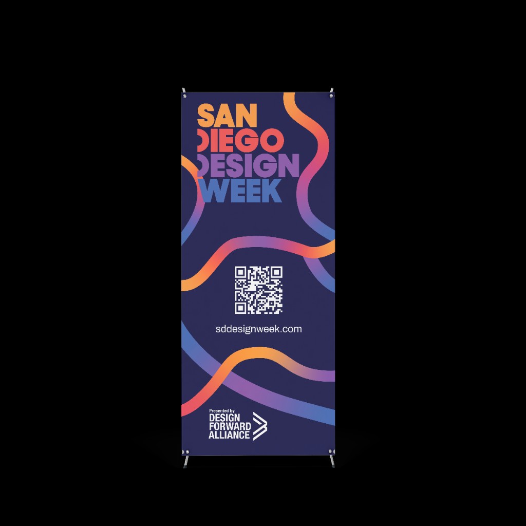X-frame banner mockup — dark ribbon artwork