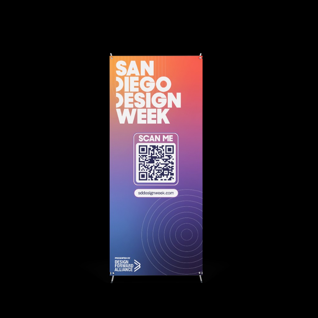 Pull-up banner mockup — gradient and QR call-to-action