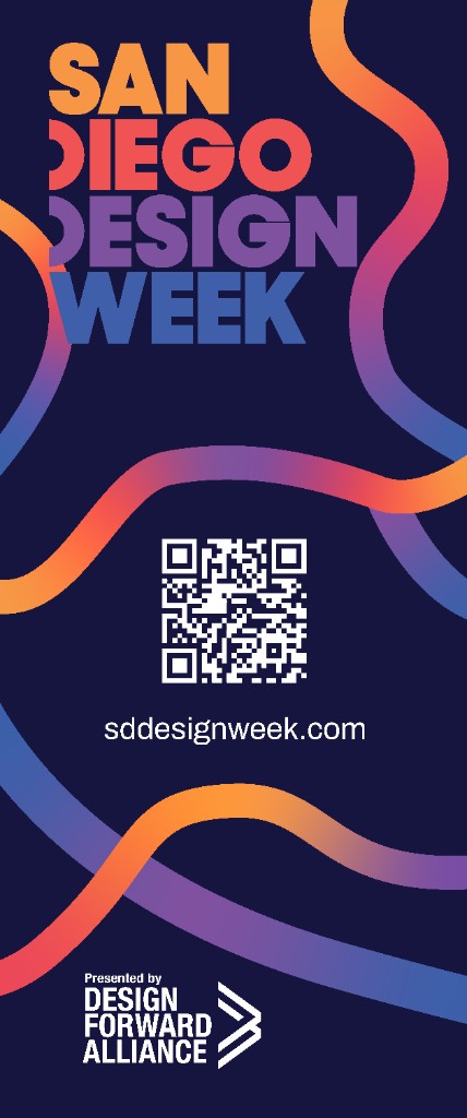 San Diego Design Week — promotional graphic with QR and gradient ribbons