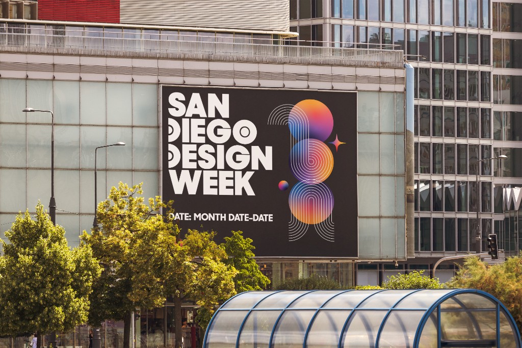 Large-format billboard mockup on building facade — SDDW campaign art